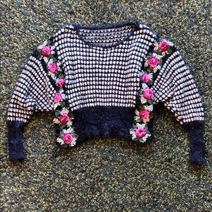 Vintage Fuzzy Crochet Sweater with Rose Details